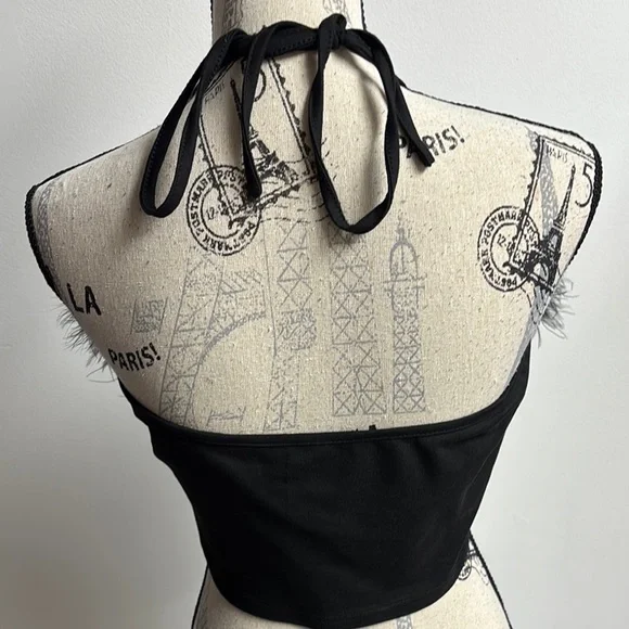 Black Feather Trim Crop Top with Cutout - Picture 6 of 14